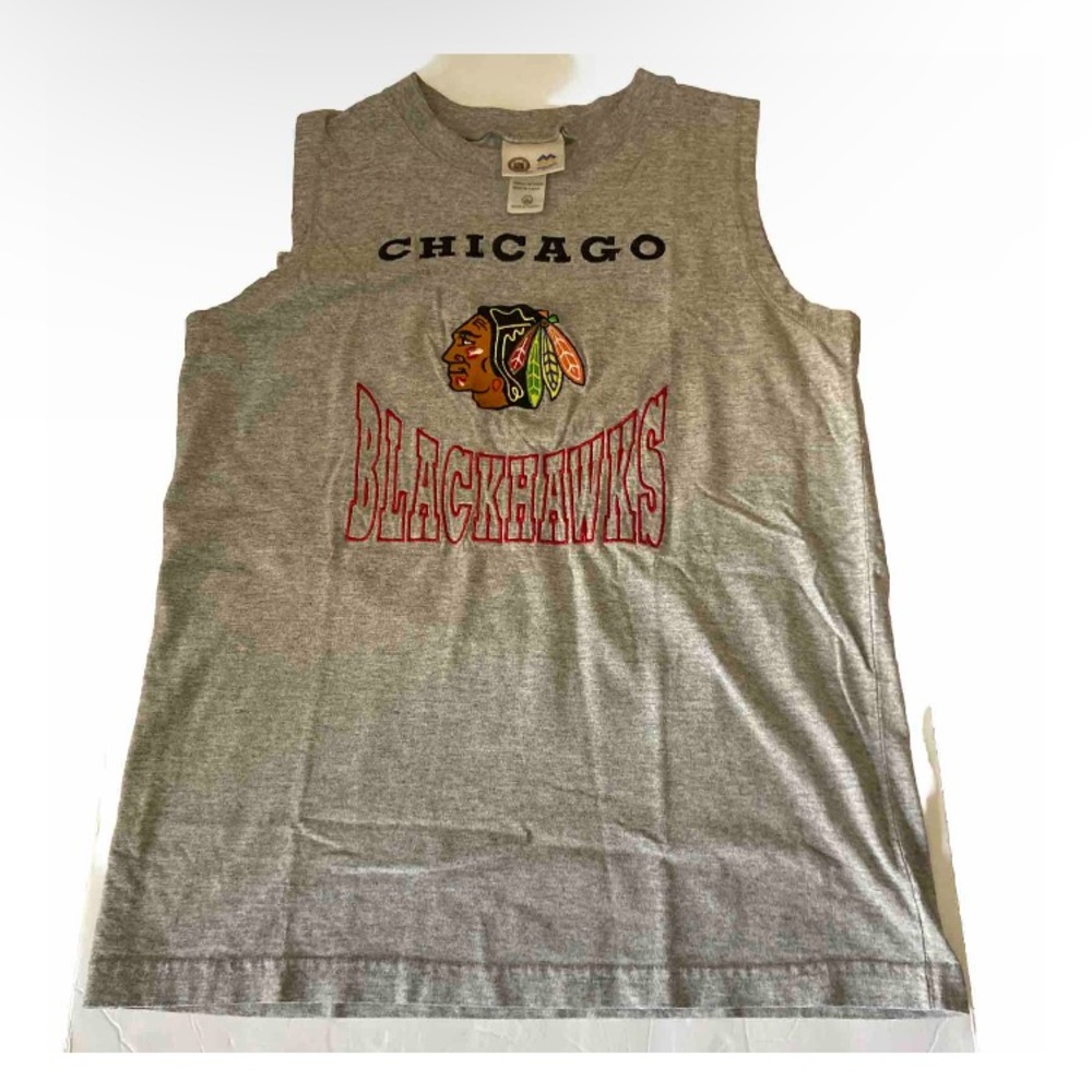 Youth L(16-18)Mighty-Mac Sorts NHL Chicago Blackhawks Tee Top Grey Cotton Blend